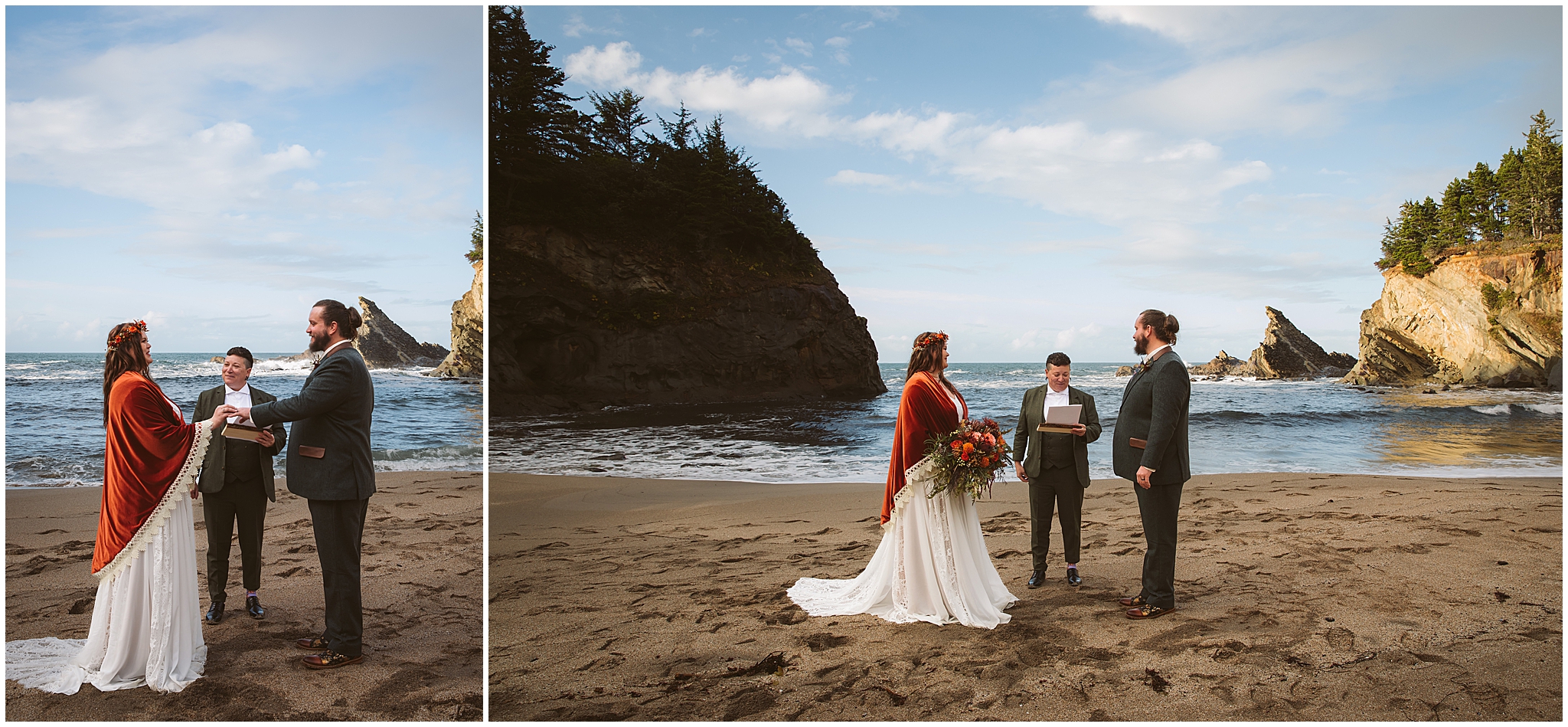 An Oregon coast elopement photo of a bride and groom during their ceremony at Shore Acres State Park